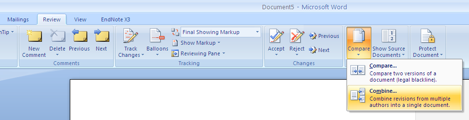 Selecting Combine via the Review Menu in Word 2007